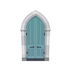 European medieval cartoon gate or door fairytale entry isolated flat cartoon or realistic icon. Vector retro gate of wood and stone, enter to tower. Doorway with pillars, aged door with handles