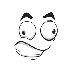 Cartoon face with slanting eyes and tight smile, vector funny emoji. Crazy facial expression, confused or strain feelings isolated on white background