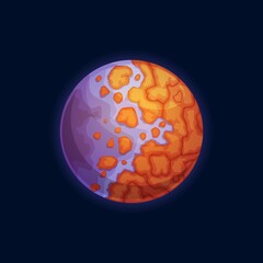 Planet martians world of purple water and brown rocks isolated alien galaxy cartoon icon. Vector fantastic mystery globe, ui gui game design element. Mystery asteroid, globe universe new planet