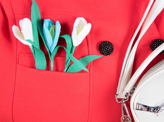 Collage with paper tulip flowers in pocket of red women’s coat and white handbag, closeup. Flat lay, upper view.  Hello spring and shopping concept