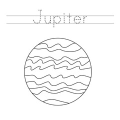 Tracing letters with planet Jupiter. Writing practice.