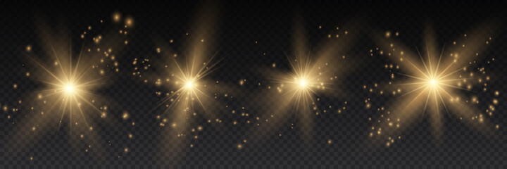 Set of bright Star. Yellow glowing light explodes on a transparent background. Transparent shining sun, bright flash