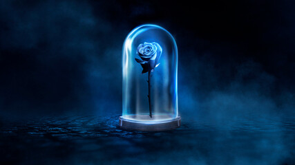 Neon rose in a flask. Dark night abstraction, fantasy flower, fantasy rose, dark street, boulders, light reflection, blue neon. 3D illustration. © MiaStendal
