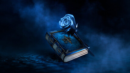 Fantasy magic dark background with a magic rose, flower, old book, old iron mirror. Smoke, smog, night view of a dark street. Reflection of blue neon light. Magic, fortune telling. 3D illustration  © MiaStendal