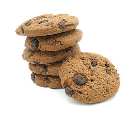 Choco chip cookies, Tasty sweet biscuit chocolate pastry, Isolated on white background