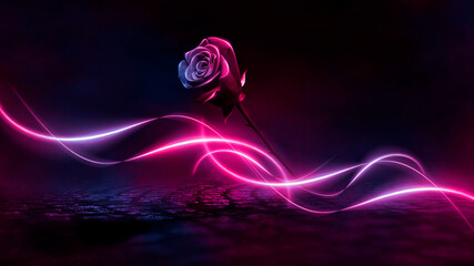 Neon rose and rays. Dark night abstraction, fantasy flower, fantasy rose, dark street, boulders, light reflection, pink and blue neon. 3D illustration.