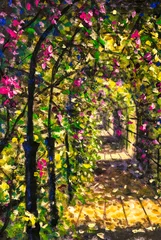 Ursprüngliches Ölgemälde des sonnigen Sonnenblumen-Tunnelgewächshauses des Frühlings, schöne Straße unter blühenden Büschen der sonnigen Malerei der Bäume auf Segeltuch. Moderne Impressionism.Impasto-Grafik. © weris7554