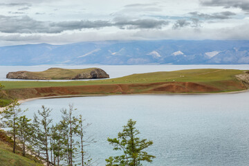 Lake Baikal in cloudy weather. Cold summer