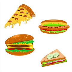 Beautiful fast food clipart set. burger, hamburger and pizza, sandwich.