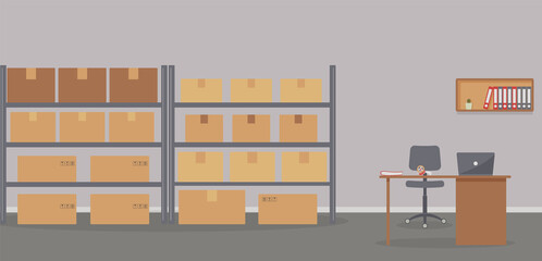 Warehouse: racks with boxes and workplace of warehouse manager, storekeeper or warehouse worker.Tape dispenser on desk with laptop, shelf with folders and cactus.Cozy place of work.Raster illustration