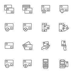 Credit card line icons set, outline vector symbol collection, linear style pictogram pack. Signs, logo illustration. Set includes icons as bank card, atm, banking payment cashier, wireless payment
