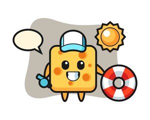 Cartoon mascot of cheese as a beach guard