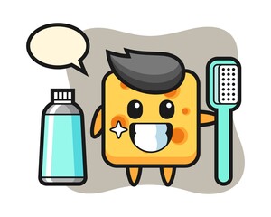 Mascot illustration of cheese with a toothbrush