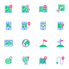 Mobile navigation flat icons set, Colorful symbols pack contains - smartphone gps navigation, map marker, cursor arrow, location, direction, destination. Vector illustration. Flat style design