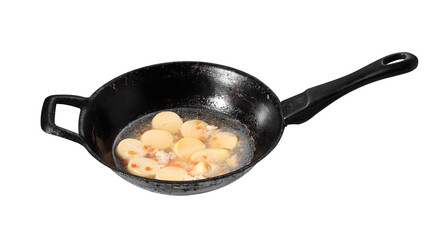 soup with tofu and minced pork in black pan on white background