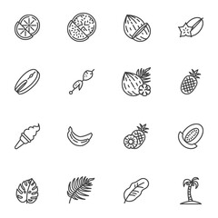 Summer food line icons set, outline vector symbol collection, linear style pictogram pack. Signs, logo illustration. Set includes icons as fruit and vegetables, pineapple, ice cream, banana, barbecue