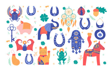 Set of lucky charms, symbols, amulets, talismans. Good fortune symbols clipart. Symbols of good luck, prosperity and success. Horseshoe, clover, Maneki Neko, dala horse, evil eye, dreamcatcher
