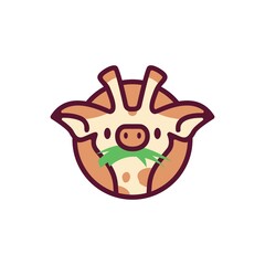 cute giraffe head eat grass cartoon playful character mascot logo vector icon illustration