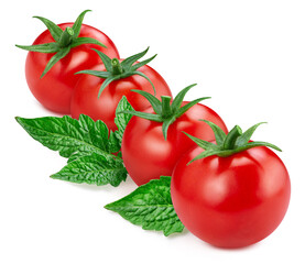 Tomato. Tomato vegetable with green leaf isolated on white background. Tomato with clipping path