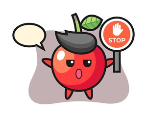 Cherry character illustration holding a stop sign