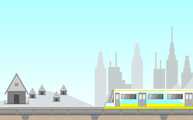 Traveling by Electric train between the city and the city or in the country. Passenger rail transport, railroad transportation. Cartoon flat express train travel using rail road.