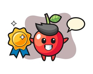 Cherry mascot illustration holding a golden badge