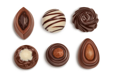 Chocolate candy isolated on white background with clipping path and full depth of field. Top view. Flat lay. Set or collection