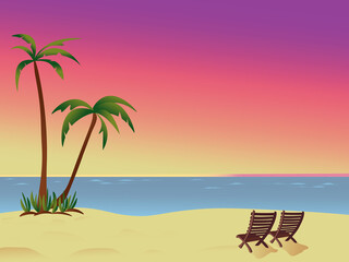 Beach background, colorful sunset sky, palm trees and sun loungers, space for text, vector illustration.