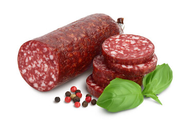 Smoked sausage salami isolated on white background with clipping path and full depth of field