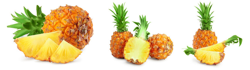 pineapple half and slices isolated on white background with full depth of field, Set or collection