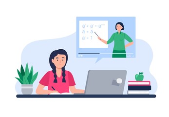 A Girl Learns Remotely From Home. Homeschooling by a Tutor or Online Teacher. Isolation at Home During the Coronavirus Epidemic. Vector Flat Illustration.
