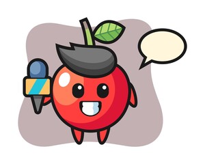 Character mascot of cherry as a news reporter