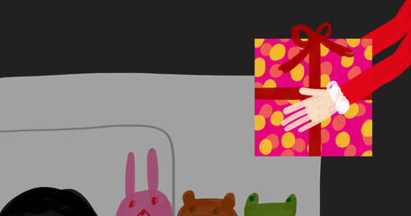 Illustration of Santa Claus gently placing Christmas gifts on the bedside 