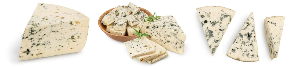 Blue cheese with rosemary isolated on white background with full depth of field. Set or collection