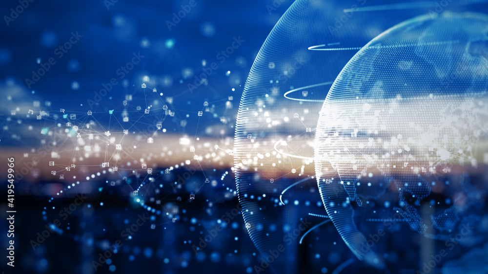 Aufkleber Technology Network Data Connection. Digital Data Network and Cyber Security Concept. Social Network Connections. Future Abstract Background. 3d rendering