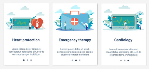 Modern flat illustrations in the form of a slider for web design. A set of UI and UX interfaces for the user interface.Topic Cardiology and emergency therapy.