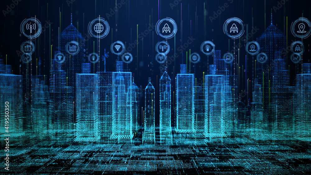 Poster smart city with technology network connecting. internet of things and social media connection. techn