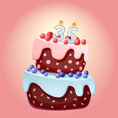 Thirty five years birthday cake with candles number 35. Cute cartoon festive vector image. Chocolate biscuit with berries, cherries and blueberries. Happy Birthday illustration for parties
