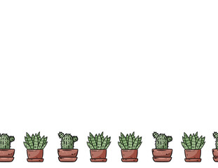 Succulents cartoon doodles seamless border pattern. Potted plants ornament. Cozy boho craft postcard or banner mock up. Letter format decoration background texture tile. Space for text