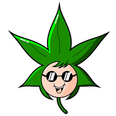 cartoon illustration of a cool marijuana mascot wearing round glasses