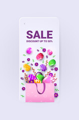 happy easter holiday celebration sale banner flyer or greeting card with decorative eggs and flowers vertical vector illustration