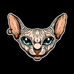 Illustration of sphynx cat head. Design element for poster card, logo, emblem, sign. Vector illustration