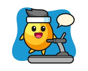 Golden egg cartoon character walking on the treadmill
