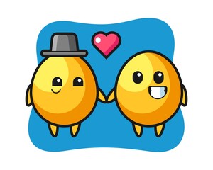 Golden egg cartoon character couple with fall in love gesture