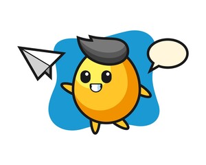 Golden egg cartoon character throwing paper airplane