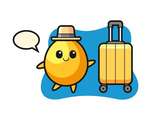 Golden egg cartoon illustration with luggage on vacation