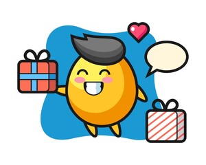 Naklejka premium Golden egg mascot cartoon giving the gift