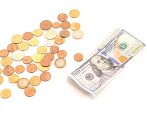 Banknotes and coins on a white background. Stack of Money Coins