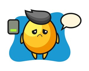 Golden egg mascot character doing a tired gesture