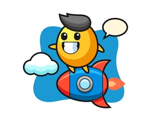 Golden egg mascot character riding a rocket